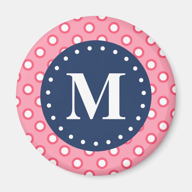 Blaues Monogramm Pink Polka Dots Muster Magnet (Vorne)