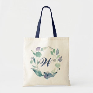 Blaues Monogramm Watercolor Floral Wreath Tragetasche
