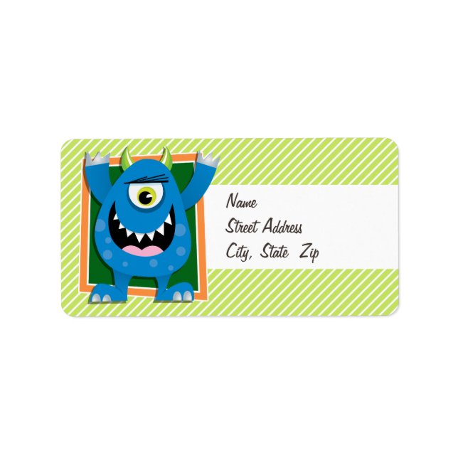 Blaues Monster auf den grünen und weißen Streifen Adressaufkleber (Vorne)