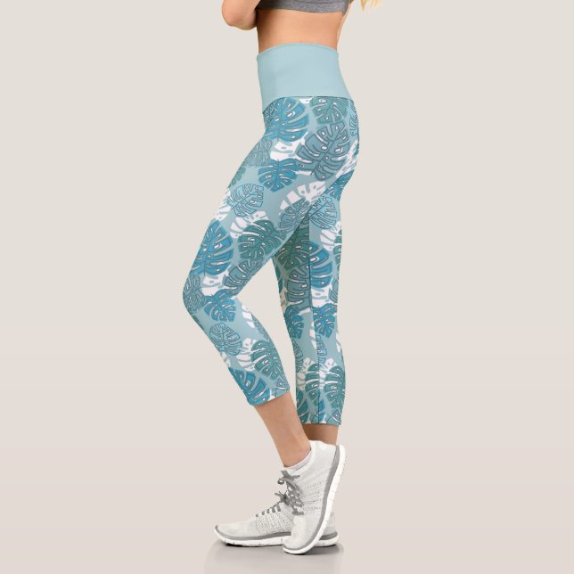 Blaues Monster Blätter Pflanze Botanisches Muster Capri Leggings (Links)