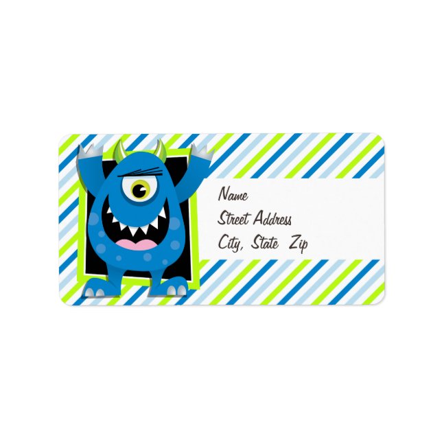 Blaues Monster; neongrüne, weiße Streifen Adressaufkleber (Vorne)