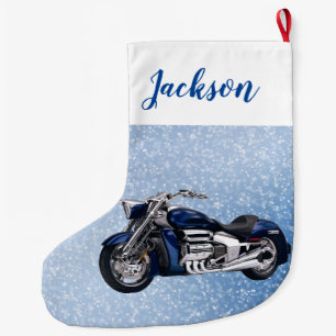 Blaues Motorrad und Schnee Großer Weihnachtsstrumpf