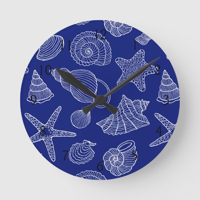 Blaues Muschel-Muster Runde Wanduhr (Vorderseite)
