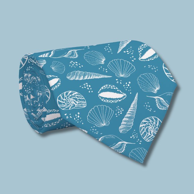 Blaues Muschelmuster Krawatte (Teal Blue Coastal Seashell beach pattern tie rolled)