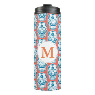 Blaues Mustached Sugar Skull Monogram Thermosbecher