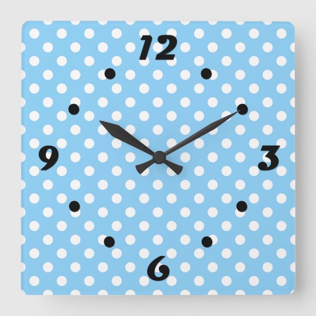 blaues Muster mit weißen Polka-Punkten Quadratische Wanduhr (Vorderseite)