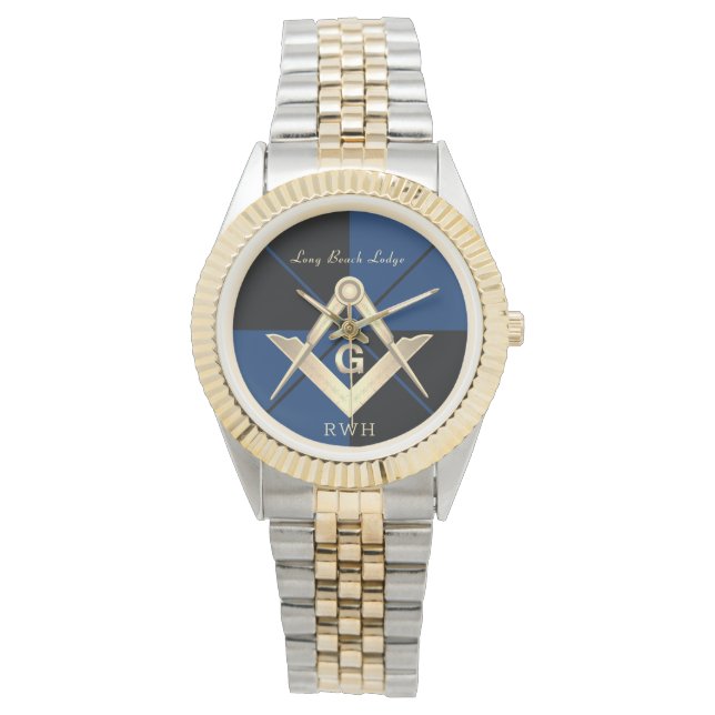 Blaues Muster Monogram Masonic Lodge Watch Armbanduhr (Vorderseite)