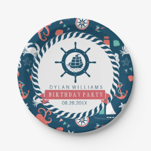 Blaues Nautical Boat Wheel & Marine Life Pattern Pappteller