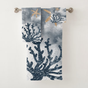 Blaues nautisches Korallen-Aquarell elegante Somme Badhandtuch Set