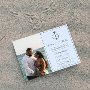 Blaues nautisches Monogrammfoto - Heiratsdatum vor Save The Date