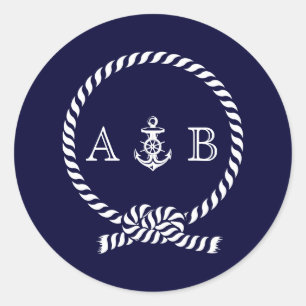 Blaues nautisches Seil und Anker-Monogramm Runder Aufkleber