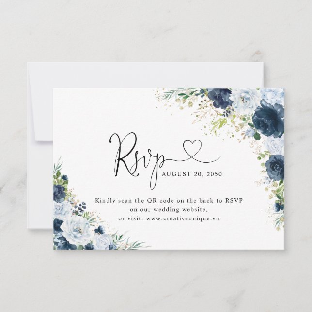 Blaues Navy-Blumen-Hochzeitswebsite QR-Code RSVP  Karte (Vorderseite)