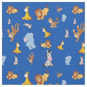 Blaues Niedliches Safari-Tiermuster - Giraffe, Ele Stoff