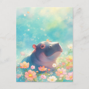 Blaues Nilpferd schwimmt im rosa Sommerwildblumenp Postkarte