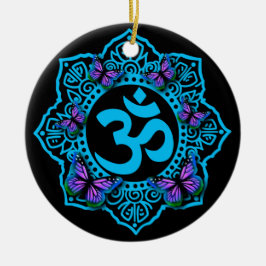 Blaues Ohr-Mandala-Design mit lila Schmetterlingen Keramik Ornament