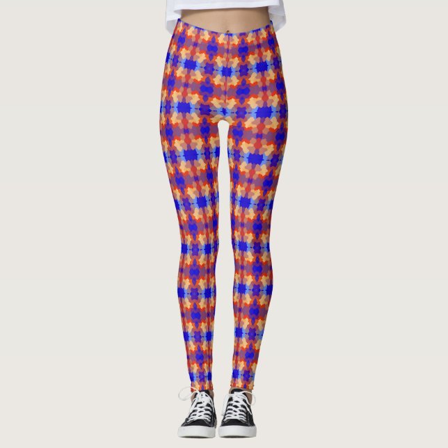 Blaues orangefarbenes rotes Muster Leggings (Vorderseite)