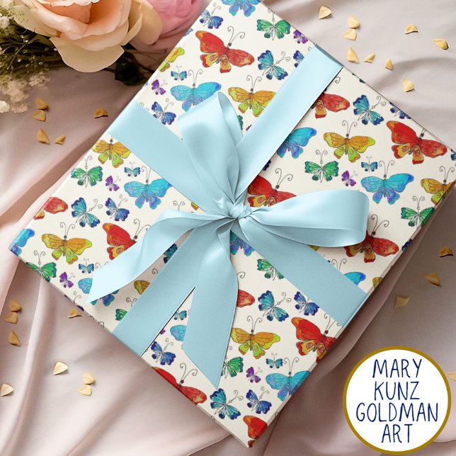 Blaues Orangenschmetterlingsmuster Hand-Illustrier Geschenkpapier Set (This hand-illustrated butterfly gift wrap features whimsical butterflies on an ivory background.)