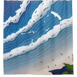 Blaues Ozeanwellen-Wandbild 🌊 Minimale Küstenland Duschvorhang
