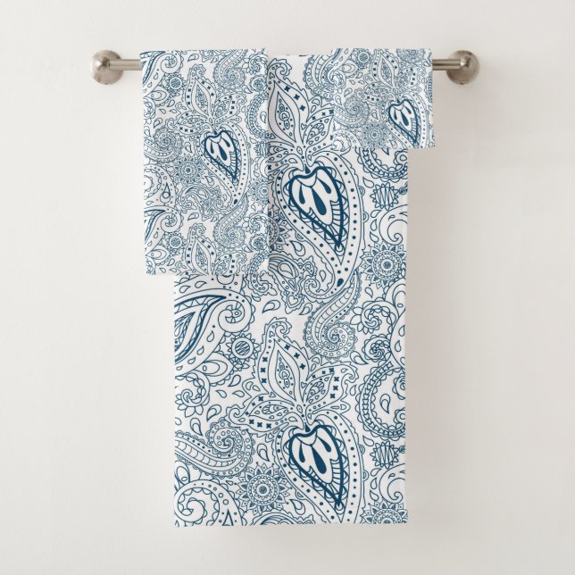 Blaues Paisley-Muster gefliest Badhandtuch Set (Insitu)