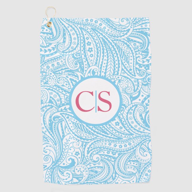 Blaues Paisleymuster und rosa Monogramm Golfhandtuch (Vorderseite)