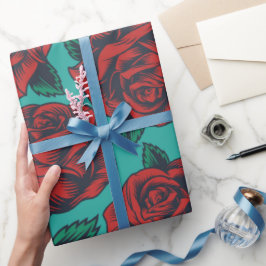 Blaues Papier mit Rote Rosen Geschenkpapier