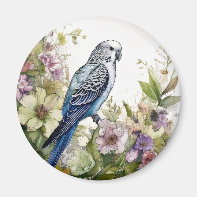 Blaues Paraket und Blume Magnet (Vorne)