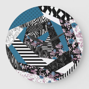 Blaues Patchwork, beliebt, Patchwork, Folk, rustik Große Wanduhr