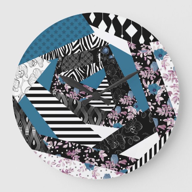 Blaues Patchwork, beliebt, Patchwork, Folk, rustik Große Wanduhr (Vorderseite)