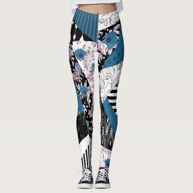 Blaues Patchwork, beliebt, Patchwork, Folk, rustik Leggings (Vorderseite)