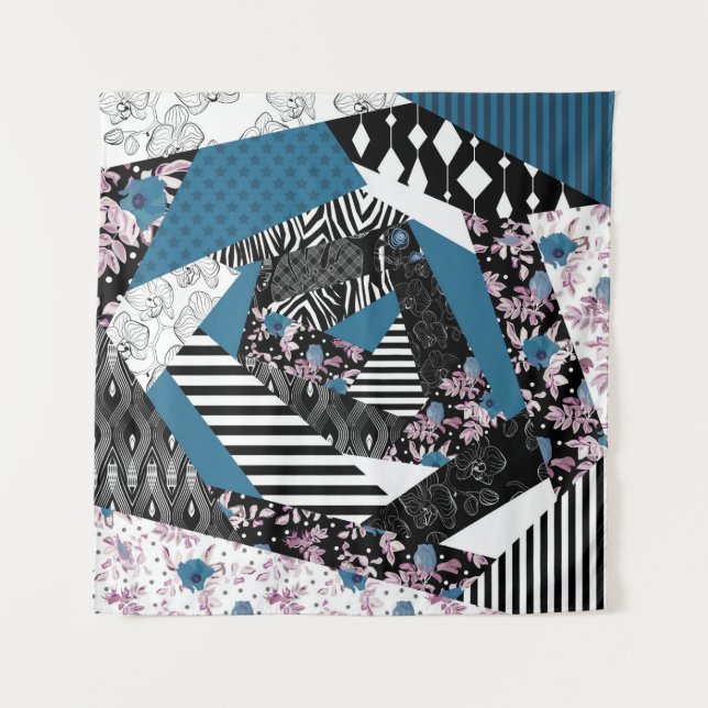 Blaues Patchwork, beliebt, Patchwork, Folk, rustik Wandteppich (Vorderseite)