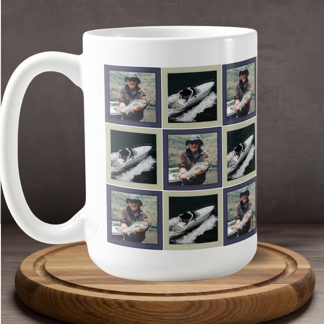 Blaues Patchwork-Muster mit zwei Fotoquadraten Kaffeetasse (Von Creator hochgeladen)
