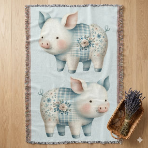 Blaues Patchwork-Schwein Cottagecore-Illustration Decke