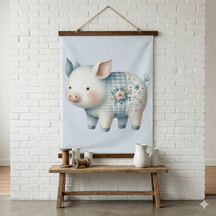 Blaues Patchwork-Schwein Cottagecore-Illustration Wandteppich Mit Holzrahmen