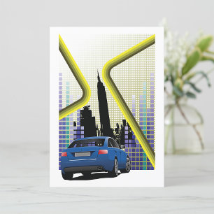 Blaues Performance-Auto Stadt-Skyline Einladung