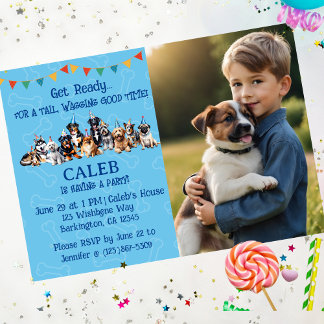 Blaues Personalisiertes Foto Welpenhund Geburtstag Einladung