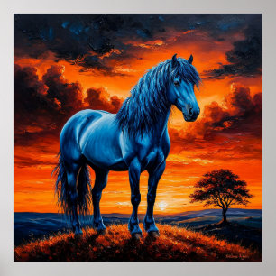 Blaues Pferd in einer lebendigen Sonnenuntergangsl Poster