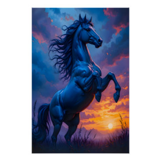 Blaues Pferd Sonnenuntergang Fantasy Art Geschenk Poster