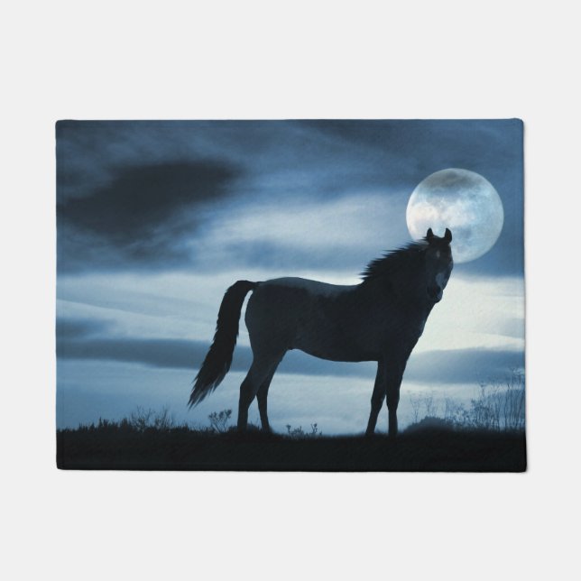 Blaues Pferd und Mond Fußmatte (Vorderseite)