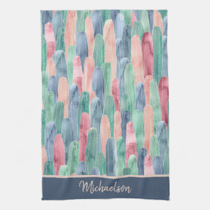 Blaues Pfirsichfarbenes Cacti-Muster Geschirrtuch