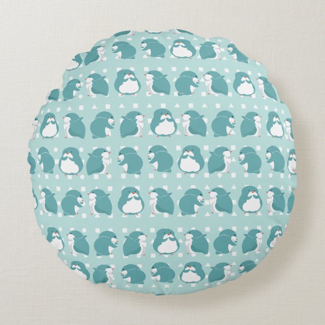Blaues Pinguinmuster Rundes Kissen (Vorderseite)