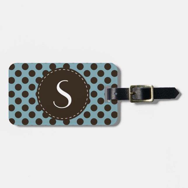 Blaues Polka-Punkt-Monogramm-personalisierter Gepäckanhänger (Vorderseite horizontal)