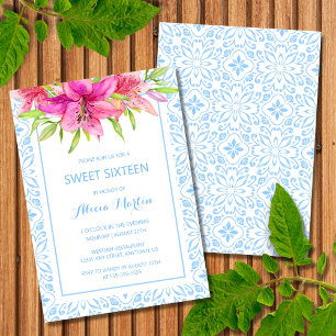 Blaues Portugiesisches Azulejo Tiles Lily 16. Gebu Einladung