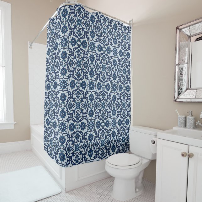 Blaues portugiesisches Azulejos Floral Tile-Muster Duschvorhang (Beispiel)