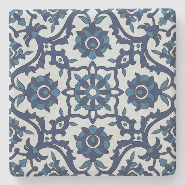 Blaues portugiesisches Azulejos Floral Tile-Muster Steinuntersetzer (Vorderseite)