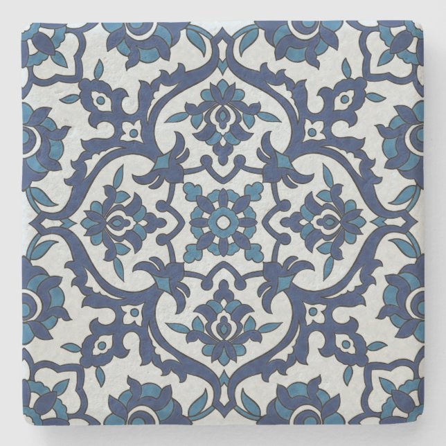 Blaues portugiesisches Azulejos Floral Tile-Muster Steinuntersetzer (Vorderseite)