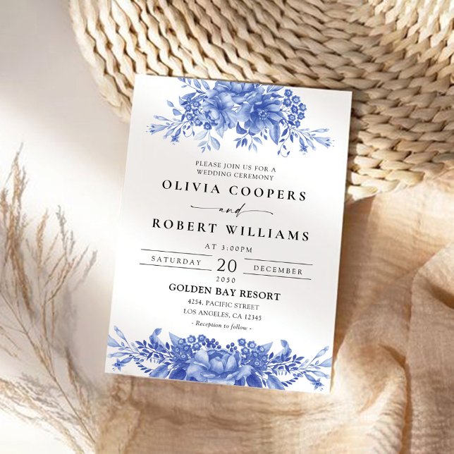 Blaues Porzellan Floral Chinoiserie Hochzeit Einladung (Von Creator hochgeladen)