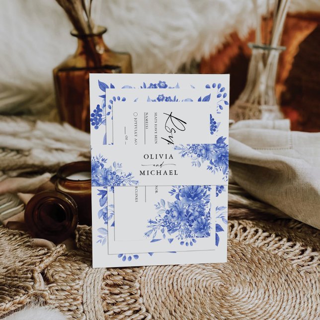 Blaues Porzellan Floral Chinoiserie Hochzeit Einladungsbanderole (Von Creator hochgeladen)