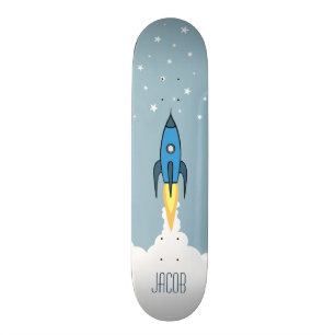 Blaues Raketenschiff Weltraum Personalisierter Nam Skateboard