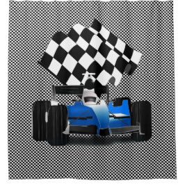 Blaues Rennfahrzeug mit Checkflagge Duschvorhang