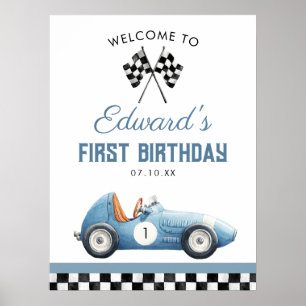 Blaues Rennwagen 1. Geburtstags-Willkommensschild Poster